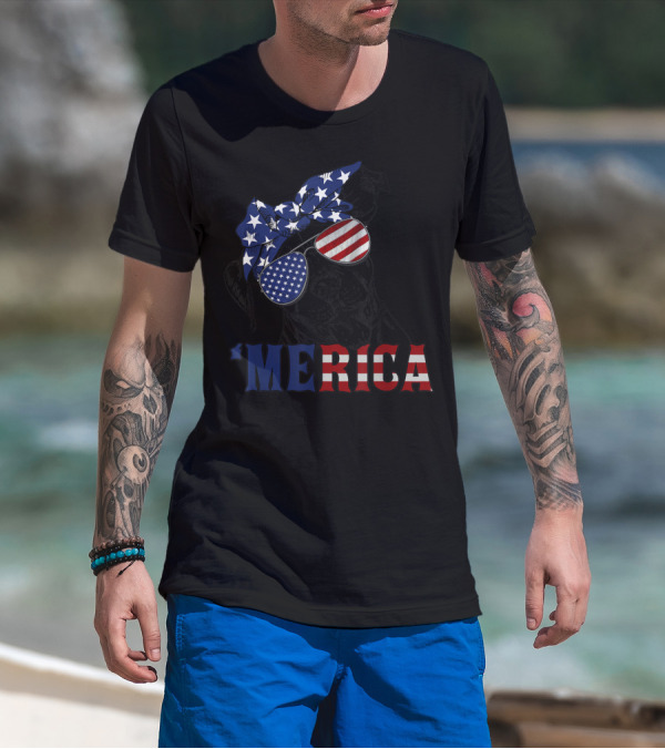 'Merica Patriotic Stars And Stripes Pitbull With USA Flag Glasses T-Shirt
