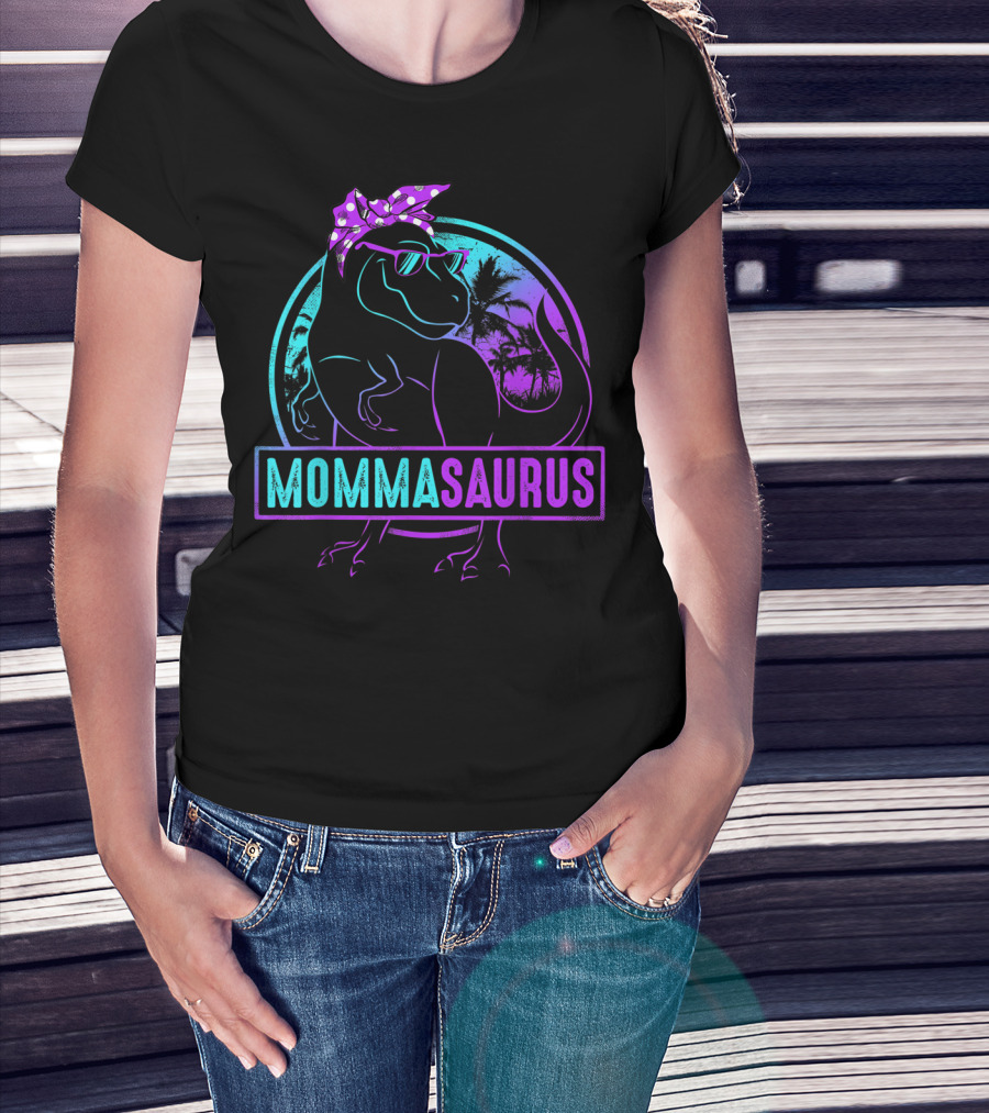 Mommasaurus Dinosaur With Bandana Sunglasses And Tropical Background T-Shirt