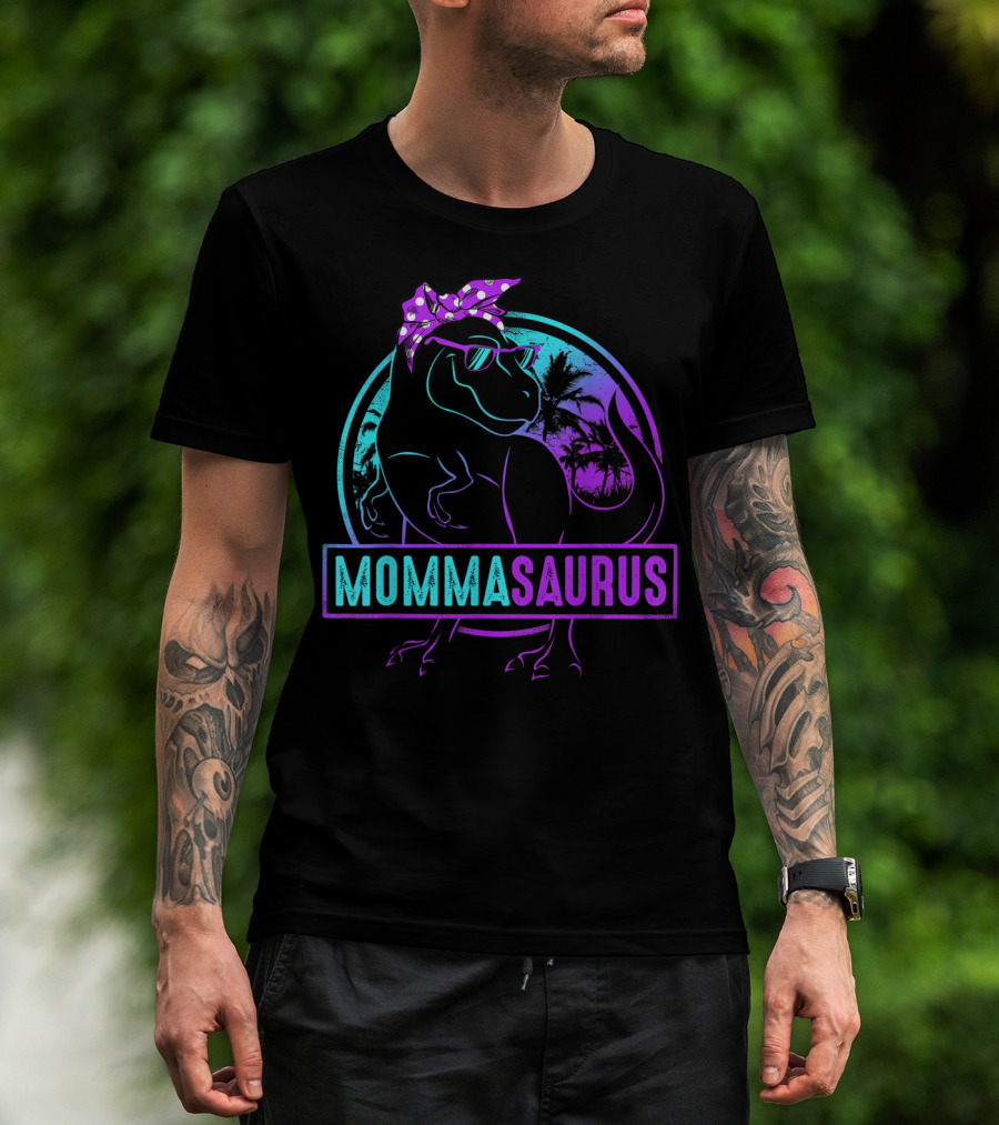 Mommasaurus Dinosaur With Bandana Sunglasses And Tropical Background T-Shirt
