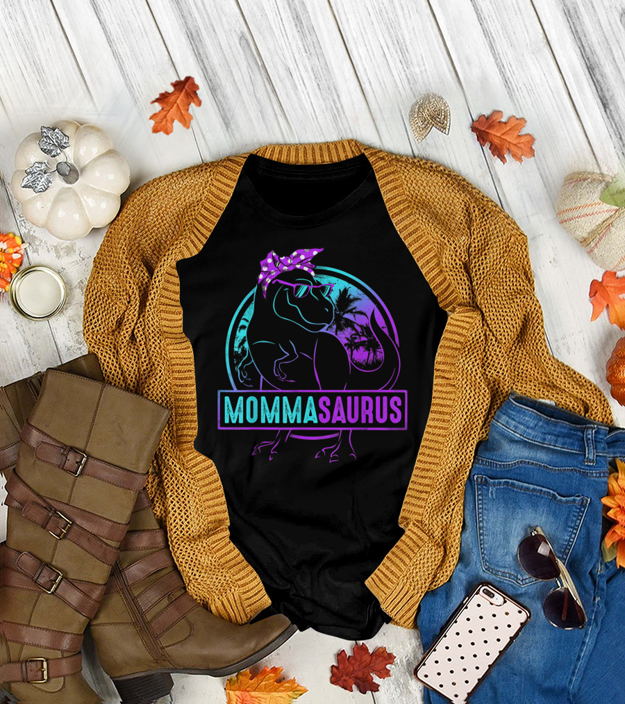 Mommasaurus Dinosaur with Bandana Sunglasses and Tropical Background T-Shirt