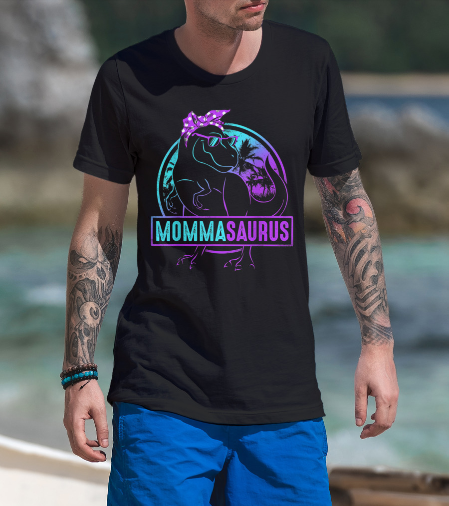 Mommasaurus Dinosaur With Bandana Sunglasses And Tropical Background T-Shirt