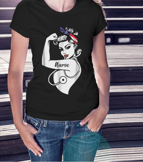 Nurse Strong Woman American Flag Bandana T-Shirt