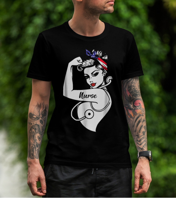 Nurse Strong Woman American Flag Bandana T-Shirt