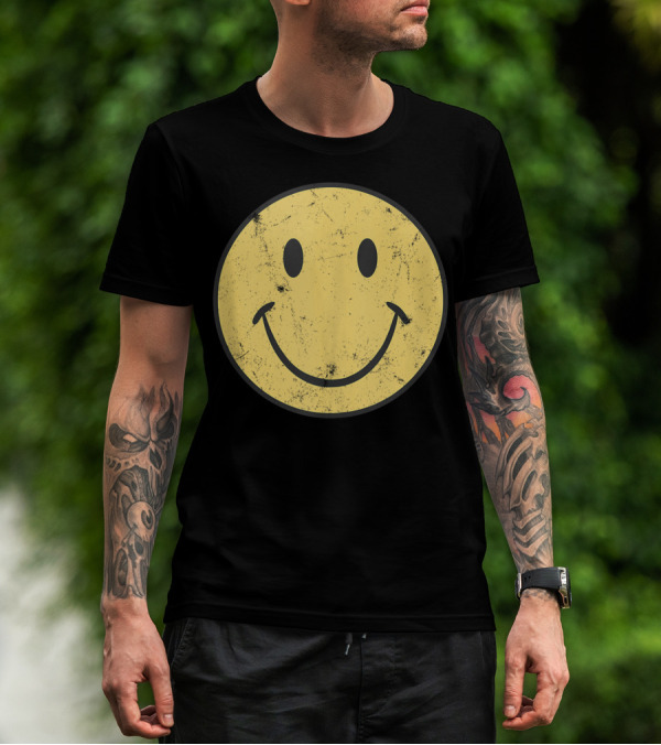 Retro 70s Smiley Face Distressed Yellow T-Shirt