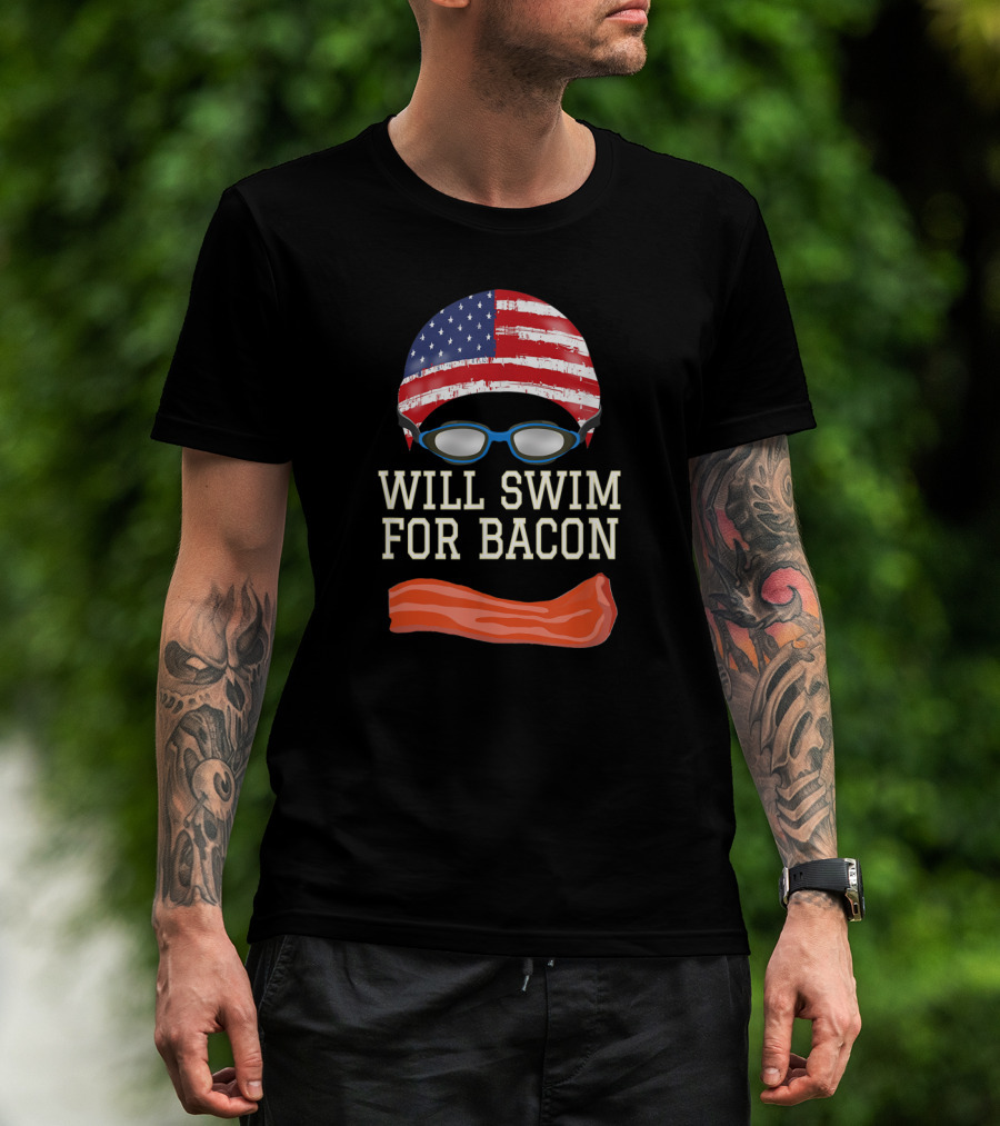 Will Swim For Bacon Funny Swimming Goggles Cap USA Flag T-Shirt