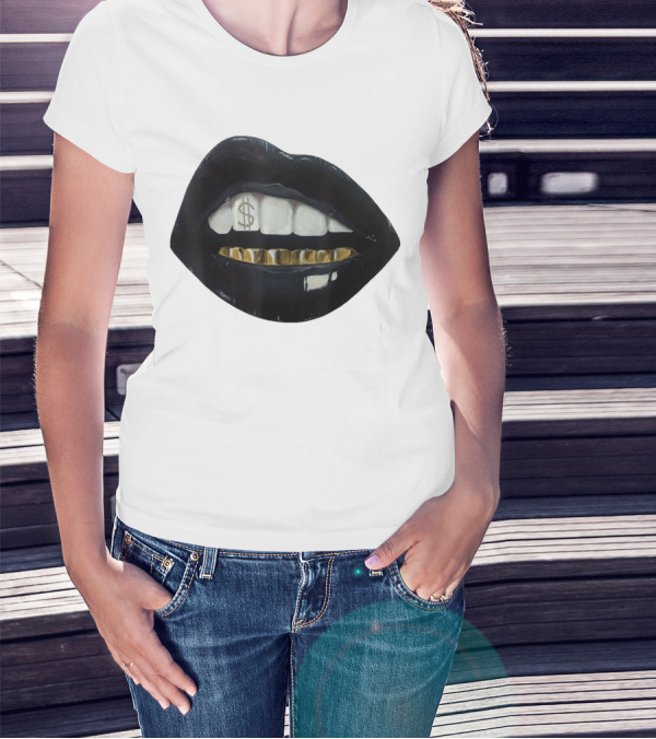 Red Black Lips Gold Teeth Dollar Smile T-Shirt
