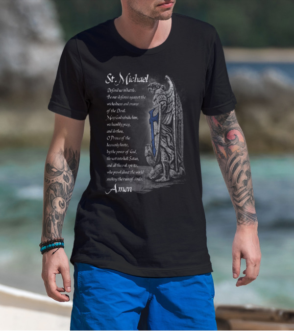 St Michael Defend Us Prayer Thin Blue Line Shield Amen T-Shirt