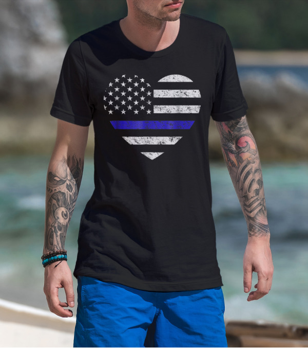Thin Blue Line American Flag Heart Police Support T-Shirt