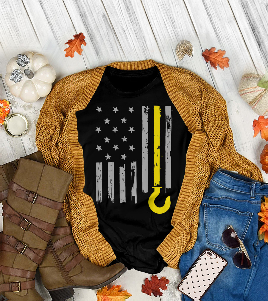 Tow Truck Driver American Flag Yellow Line Hook T-Shirt