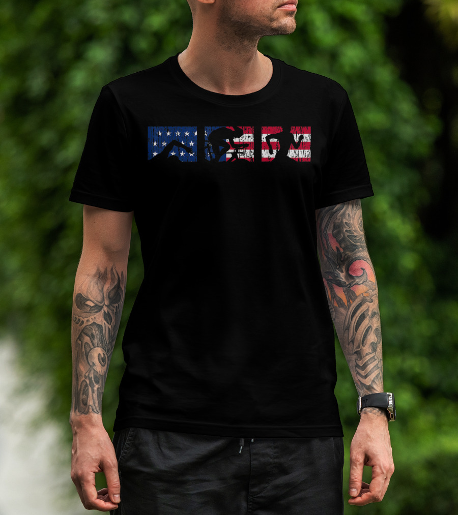 Triathlon Triathlete Run Bike American Flag T-Shirt