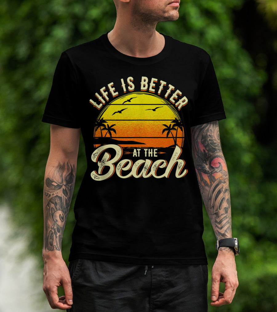 Life Is Better At The Beach Tropical Sunset With Palm Trees And Seagulls T-Shirt