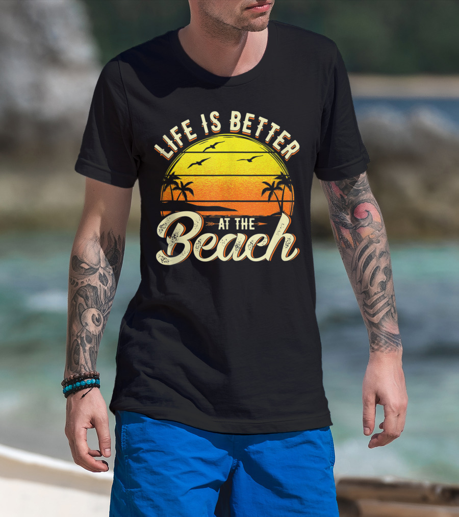 Life Is Better At The Beach Tropical Sunset With Palm Trees And Seagulls T-Shirt