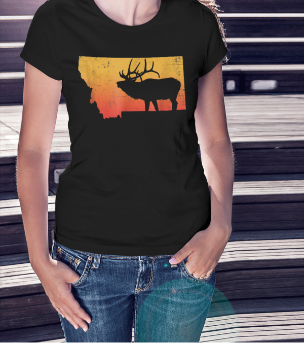 Montana Elk Silhouette Vintage Outdoors Sunset Scene T-Shirt