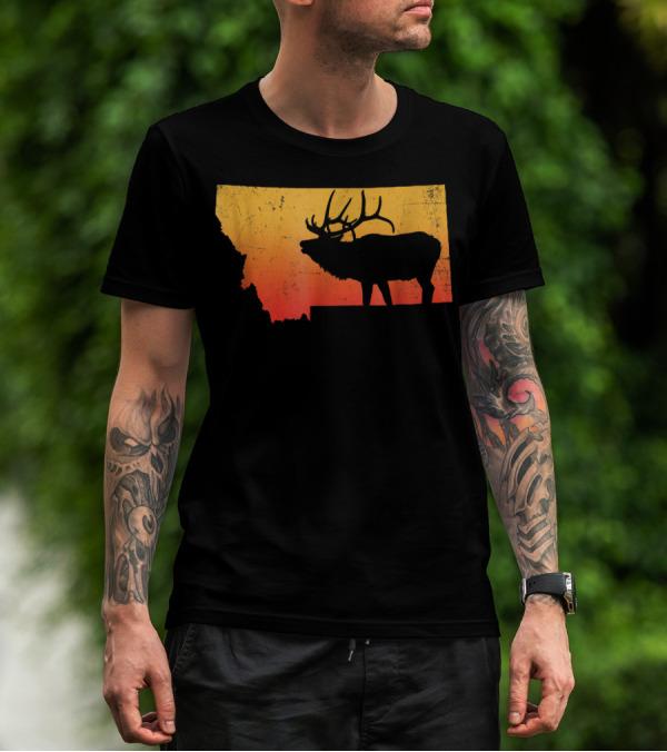 Montana Elk Silhouette Vintage Outdoors Sunset Scene T-Shirt