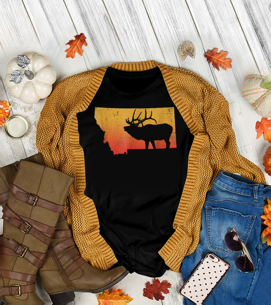 Montana Elk Silhouette Vintage Outdoors Sunset Scene T-Shirt