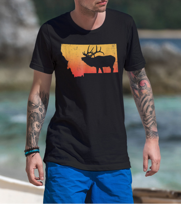 Montana Elk Silhouette Vintage Outdoors Sunset Scene T-Shirt