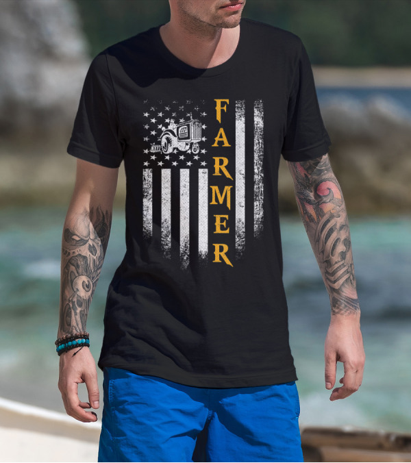 Farmer American Flag Vintage Tractor USA Farming T-Shirt