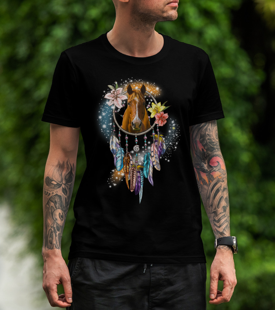 Horse Dreamcatcher Floral Feathers Sparkle T-Shirt