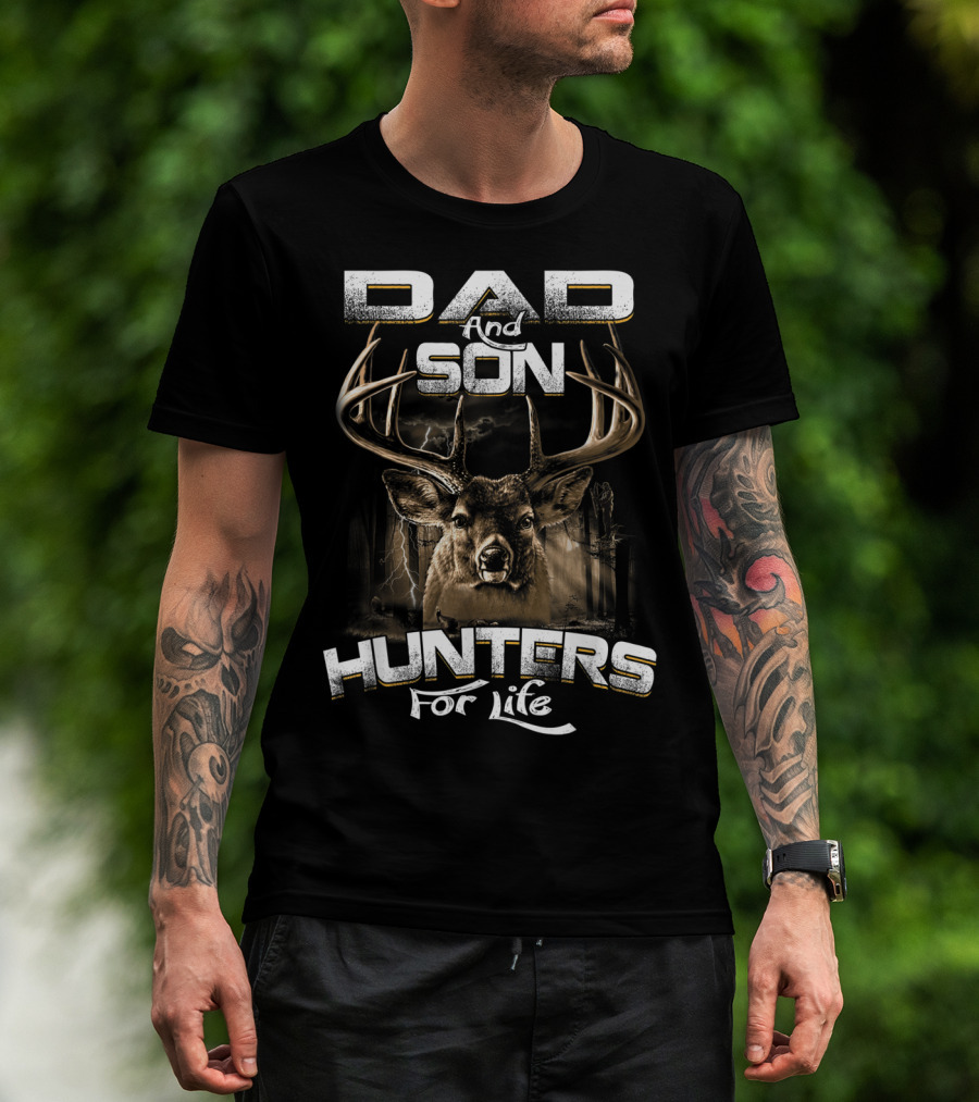Dad And Son Hunters For Life Deer Antlers Forest Scene T-Shirt