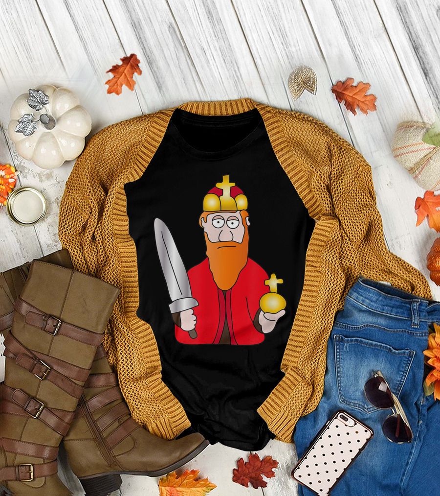 Funny King Barbarossa Cartoon Holding Sword and Orb Knights T-Shirt