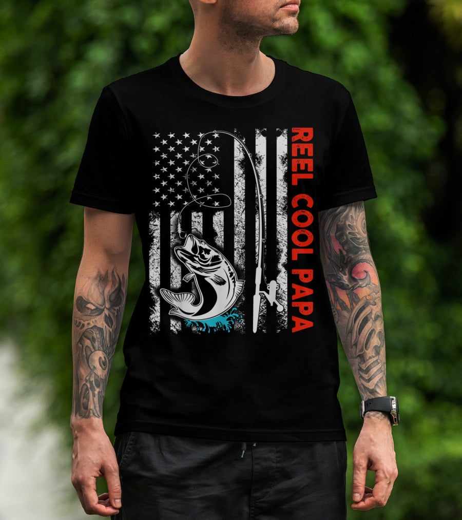 Reel Cool Papa American Flag Fishing Family Fun T-Shirt