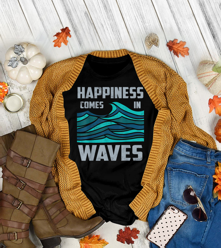 Happiness Comes In Waves Cool Vintage Surfer Wave Motif T-Shirt
