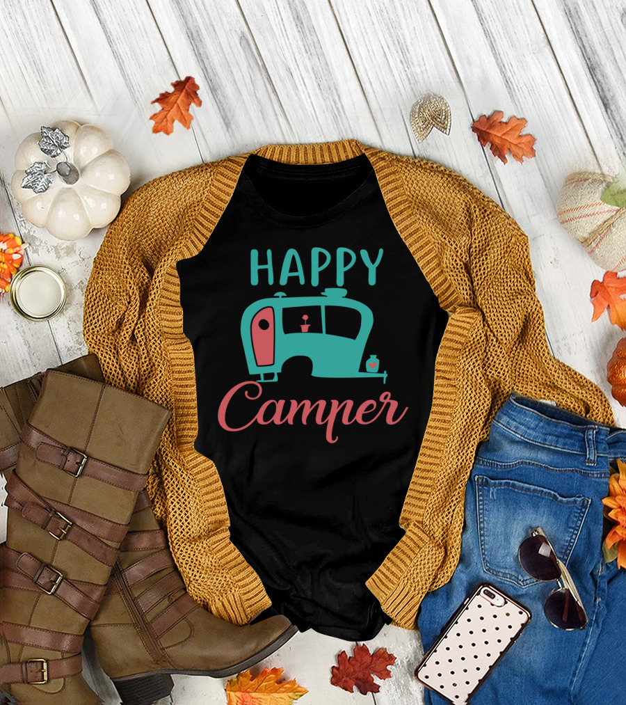 Happy Camper Retro Teal and Coral Vintage Camper T-Shirt