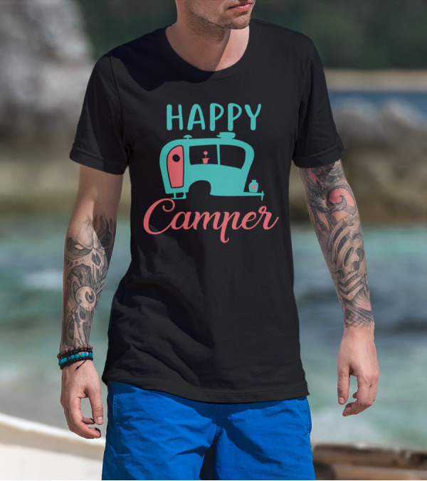 Happy Camper Retro Teal And Coral Vintage Camper T-Shirt