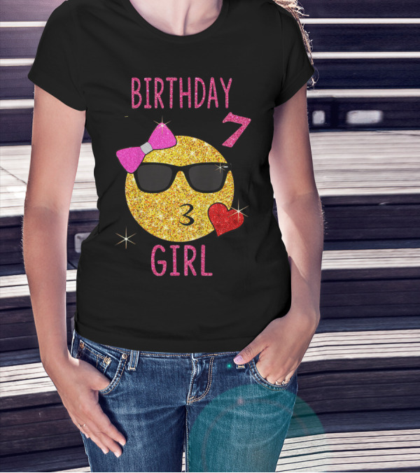 Birthday 7 Girl 7 Years Old Emoji Wearing Sunglasses Bow Heart T-Shirt