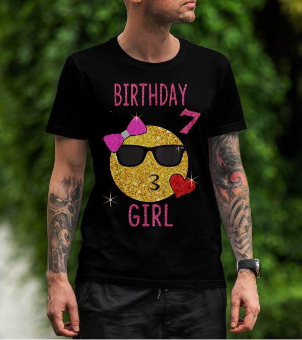 Birthday 7 Girl 7 Years Old Emoji Wearing Sunglasses Bow Heart T-Shirt