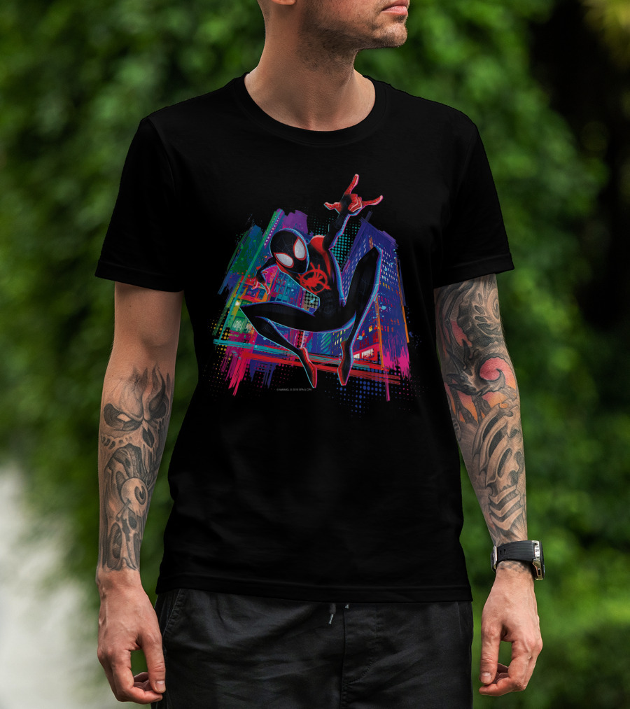 Marvel Spider-Man Miles Morales Vibrant Graffiti Cityscape Adventure T-Shirt