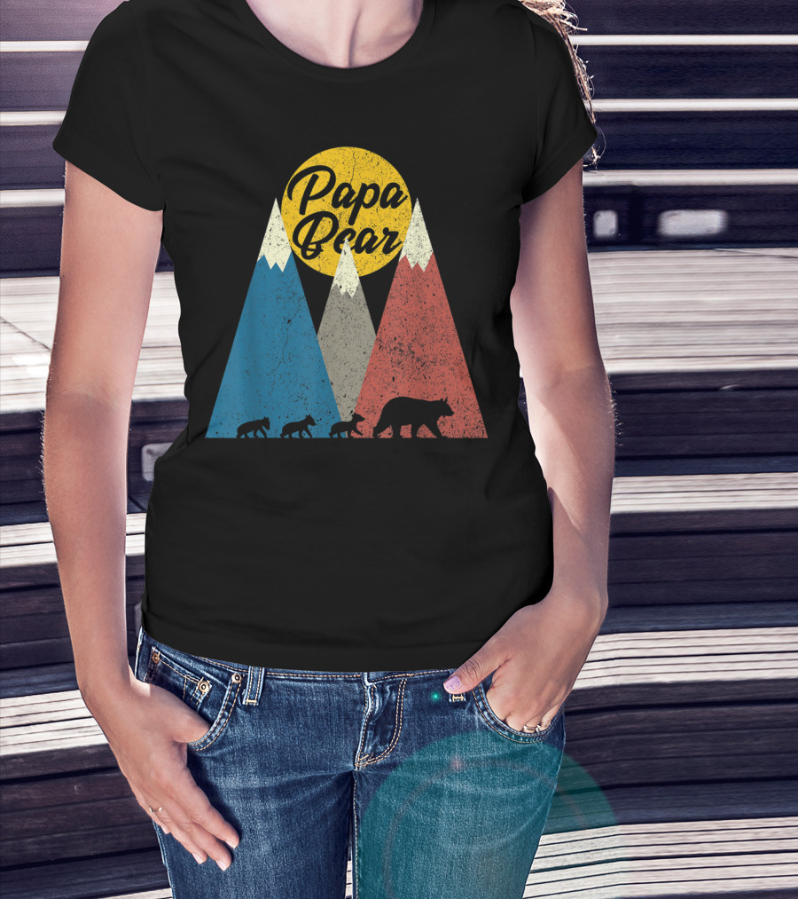 Papa Bear Three Cubs Mountains Retro Triplet Dad T-Shirt