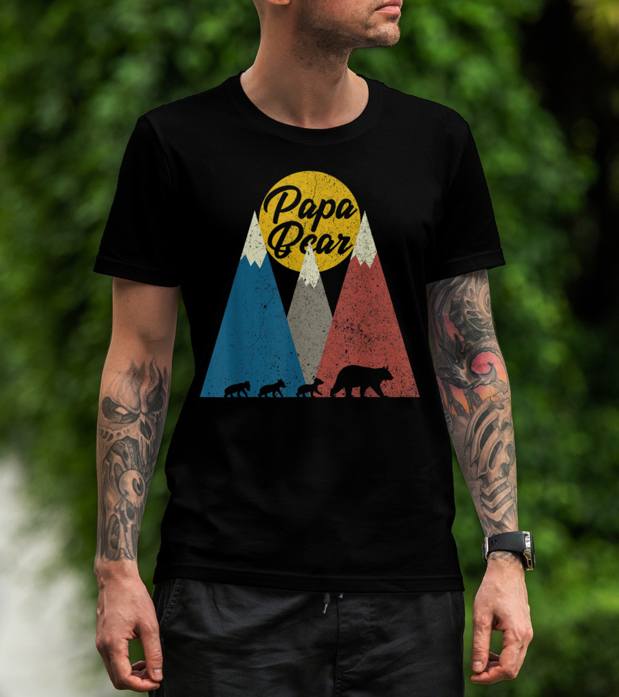 Papa Bear Three Cubs Mountains Retro Triplet Dad T-Shirt