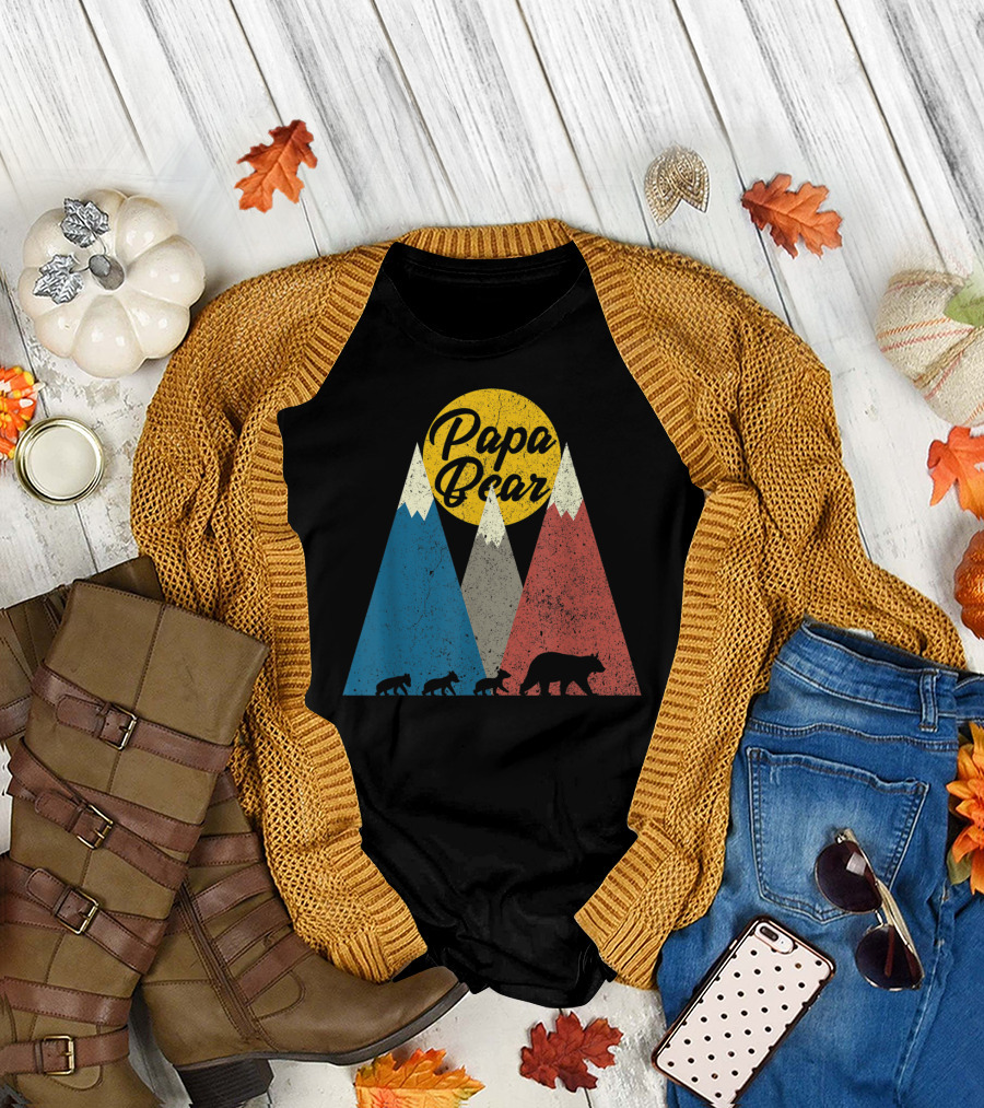 Papa Bear Three Cubs Mountains Retro Triplet Dad T-Shirt