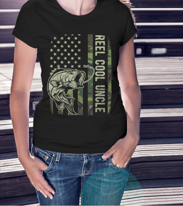 Reel Cool Uncle Camouflage American Flag Patriotic Fishing Bass T-Shirt