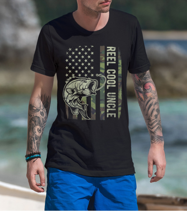 Reel Cool Uncle Camouflage American Flag Patriotic Fishing Bass T-Shirt