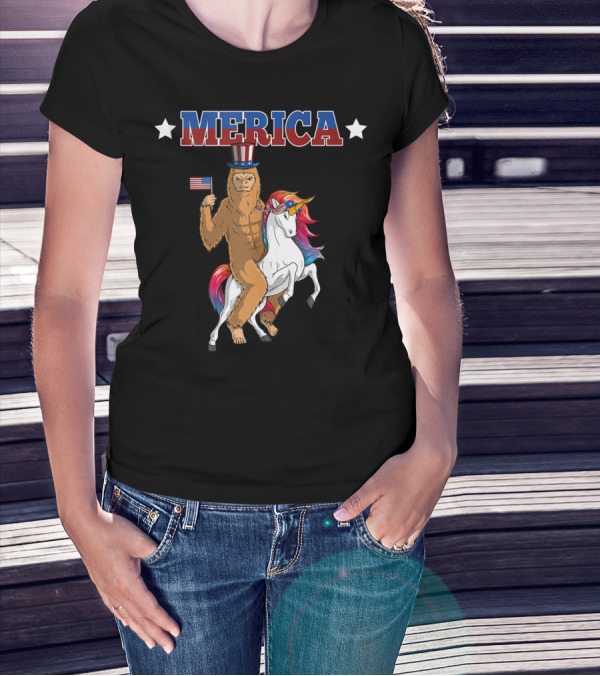 MERICA Bigfoot Riding A Patriotic Unicorn With American Flag T-Shirt