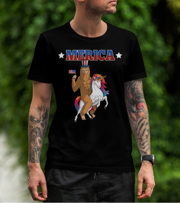 MERICA Bigfoot Riding A Patriotic Unicorn With American Flag T-Shirt