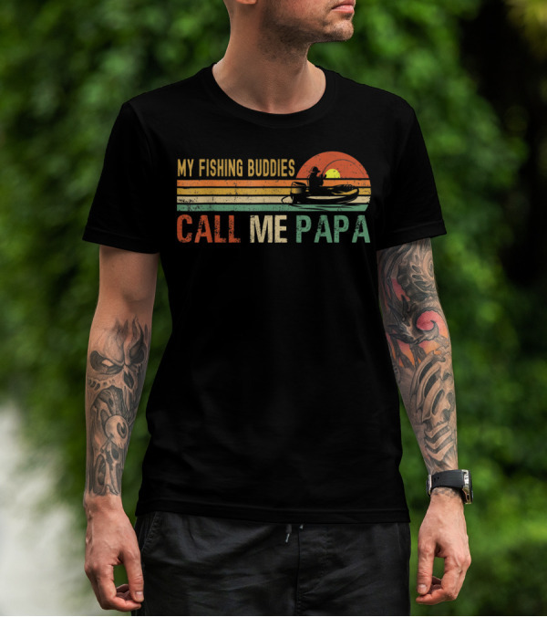 My Fishing Buddies Call Me Papa Vintage Fisherman Sunset Boat T-Shirt