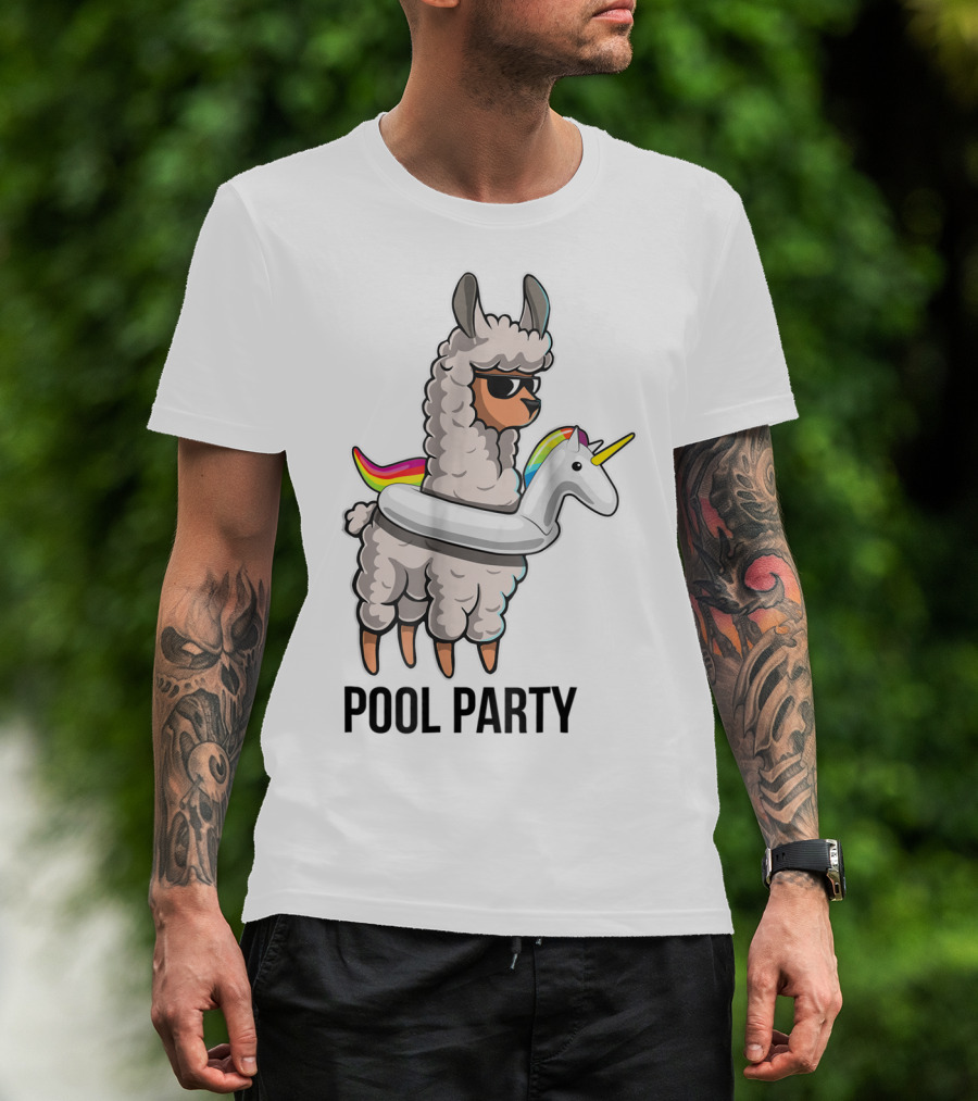 Pool Party Llama With Unicorn Float Funny Llama T-Shirt
