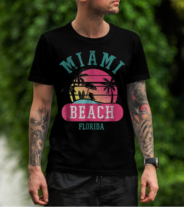 Miami Beach Florida Retro Cool Sun And Palm Trees T-Shirt