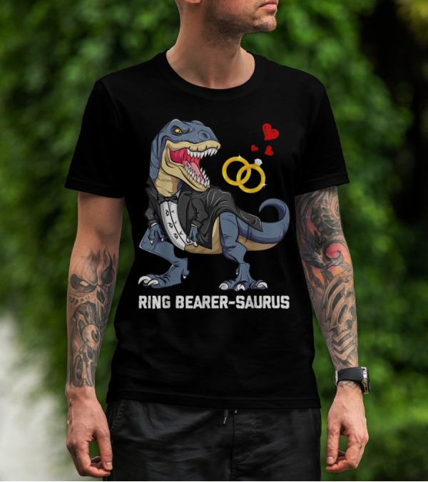 Rex Dinosaur Ring Bearer Saurus In Tuxedo With Wedding Rings And Hearts T-Shirt