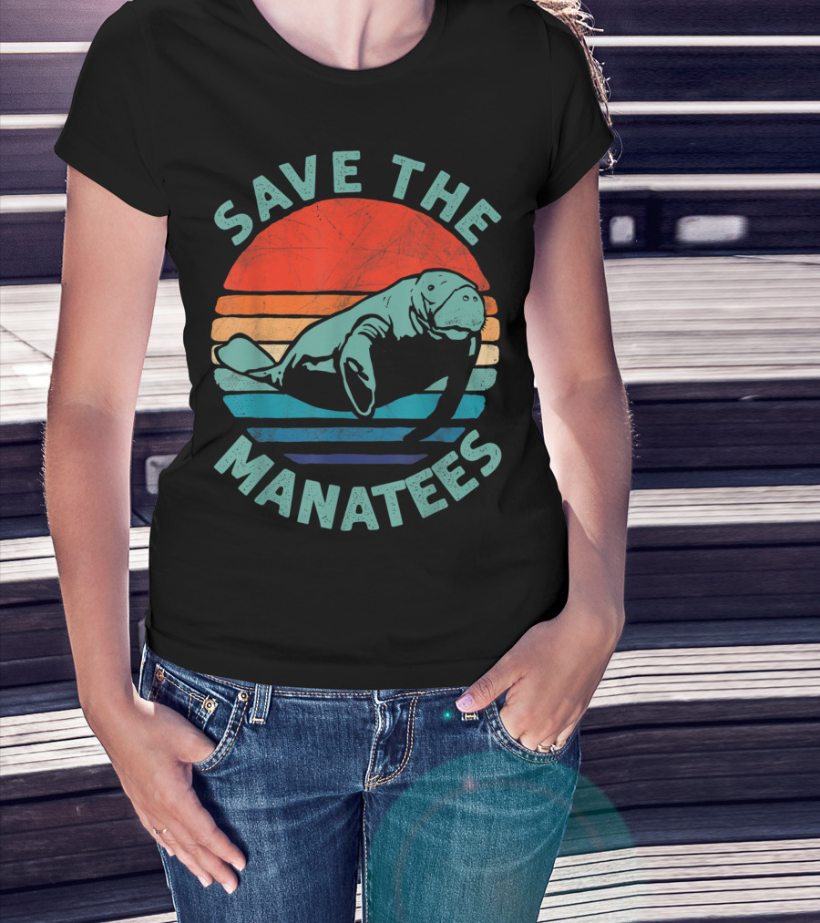 Save The Manatees Retro Stripes Sunset T-Shirt