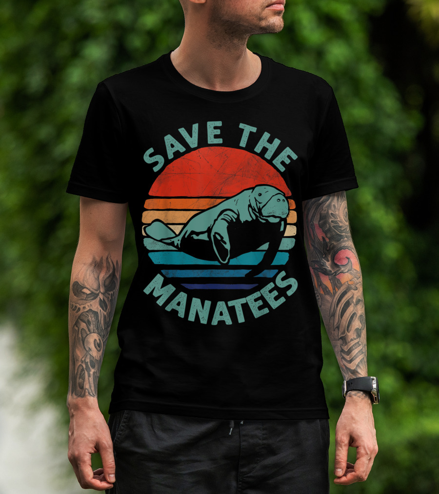 Save The Manatees Retro Stripes Sunset T-Shirt