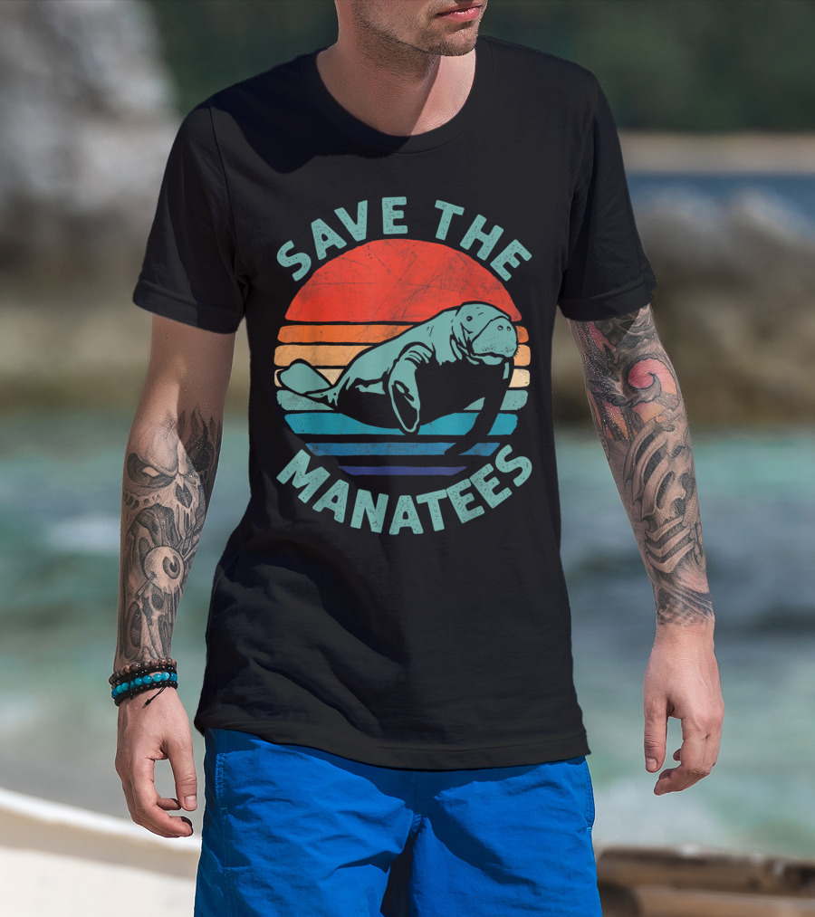 Save The Manatees Retro Stripes Sunset T-Shirt