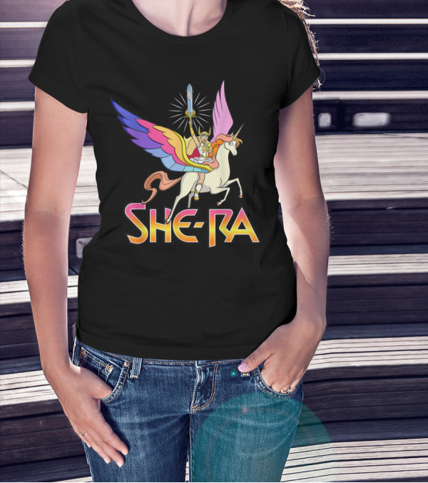 She Ra Riding A Winged Unicorn Holding Sword Of Protection T-Shirt