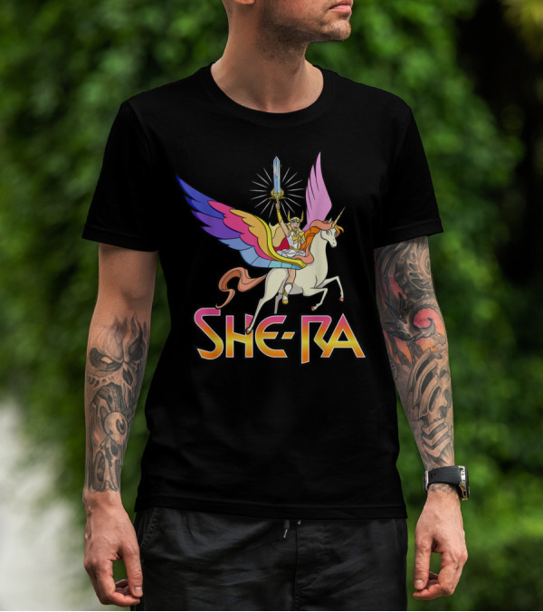 She Ra Riding A Winged Unicorn Holding Sword Of Protection T-Shirt