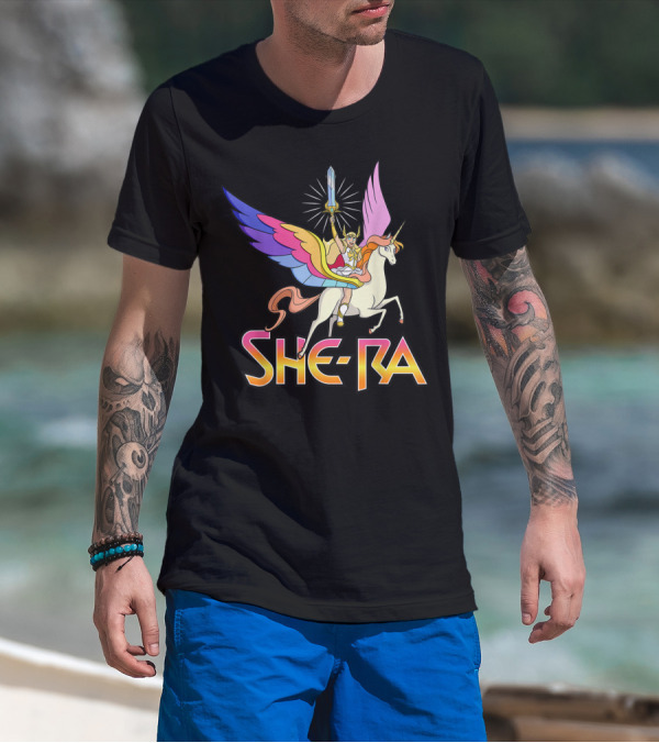 She Ra Riding A Winged Unicorn Holding Sword Of Protection T-Shirt