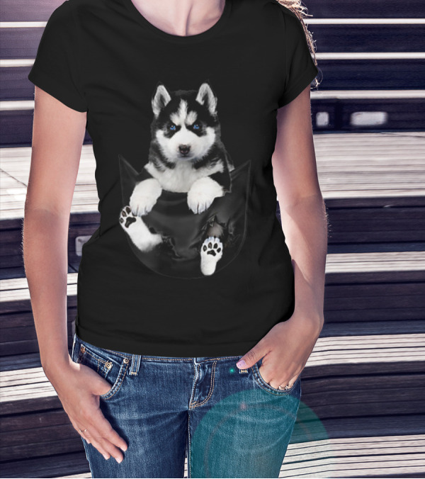Siberian Husky Puppy Peeking Out Of Pocket T-Shirt