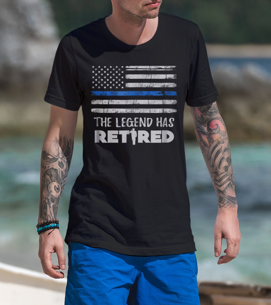 The Legend Has Retired Police Officer Thin Blue Line American Flag T-Shirt
